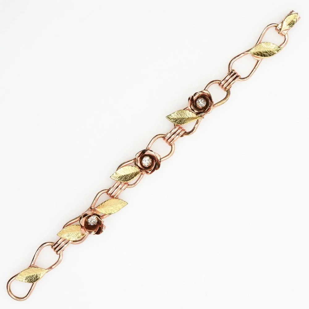 Vintage Coro Rose Gold Tone Floral Bow Brooch Bracelet Demi Parure Set 1940s